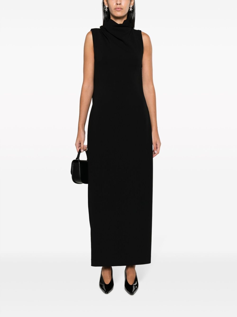 Long sleeveless dress with draped neckline