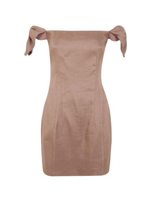 abito con spalle scoperte e dettaglio a fiocco<BR/> 