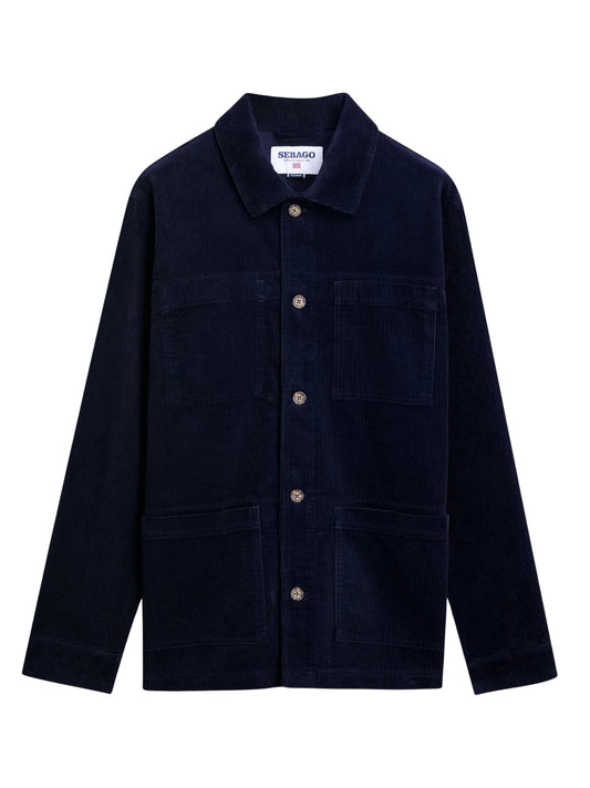 Giacca da lavoro unisex in velluto a coste blu scuro di media lunghezza 